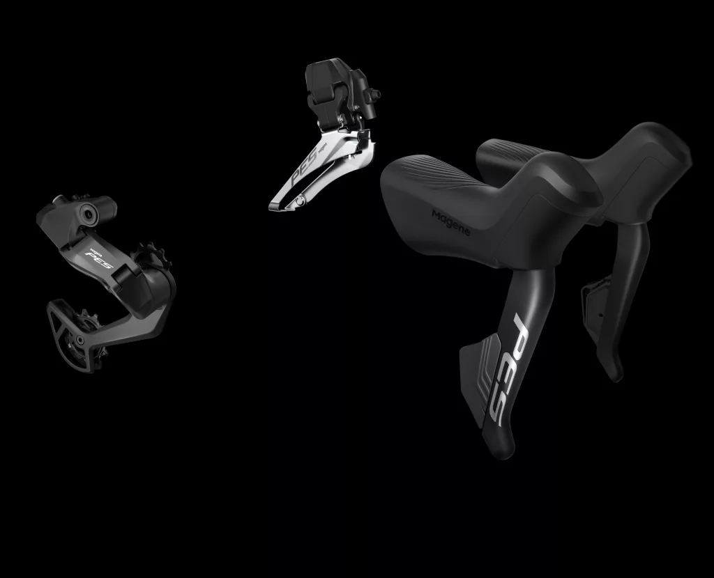 PES electronic shifting system, including the shift levers, rear derailleur, and front derailleur